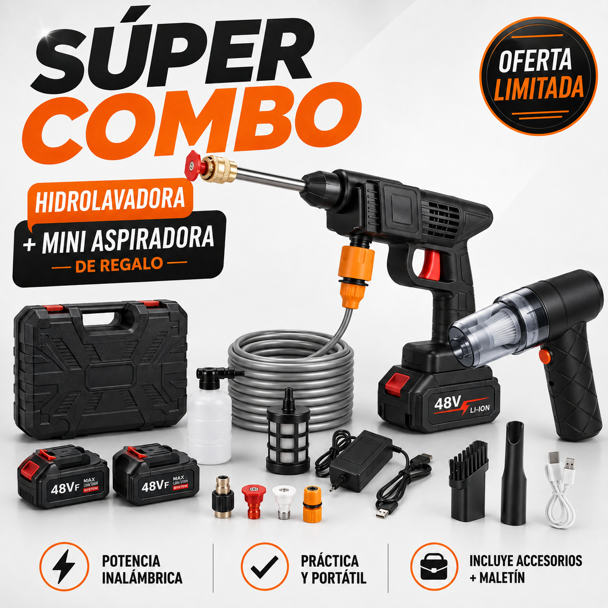 COMBO LIQUIDACIÓN: Hidrolavadora + (Aspiradora Portátil + Doble Batería + Maletín)