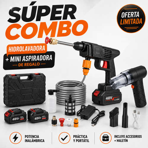 COMBO LIQUIDACIÓN: Hidrolavadora + (Aspiradora Portátil + Doble Batería + Maletín)